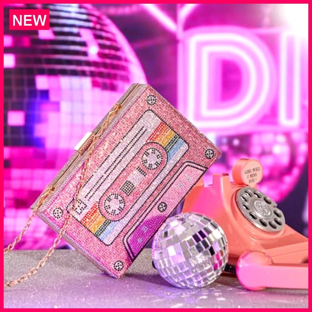Rhinestone Evening Clutch Purse Radio Shape Design Compact 7x4 Inches - Picture 3 of 8